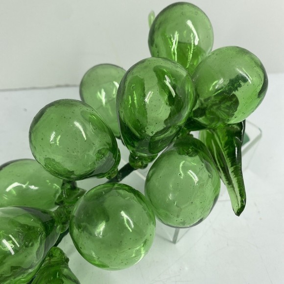 Vintage Large Green Glass Grapes Cluster 9" Murano Style Art Decor Fruit Leaves - Picture 3 of 8